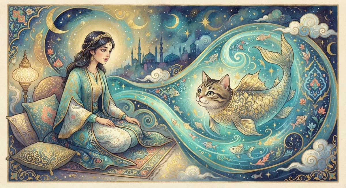 Rüyada Kedi Balığı Görmek — Osmanlı minyatürü tarzında altın ve turkuaz tonlu mistik illüstrasyon