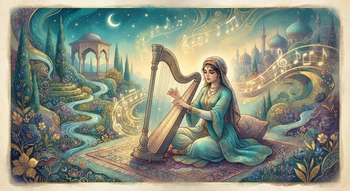 Rüyada Harp Çalmak Görmek — Osmanlı minyatürü tarzında altın ve turkuaz tonlu mistik illüstrasyon