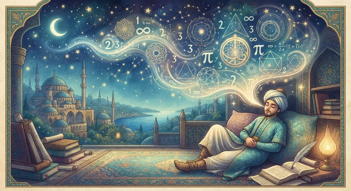 Rüyada Matematik Görmek — Osmanlı minyatürü tarzında altın ve turkuaz tonlu mistik illüstrasyon