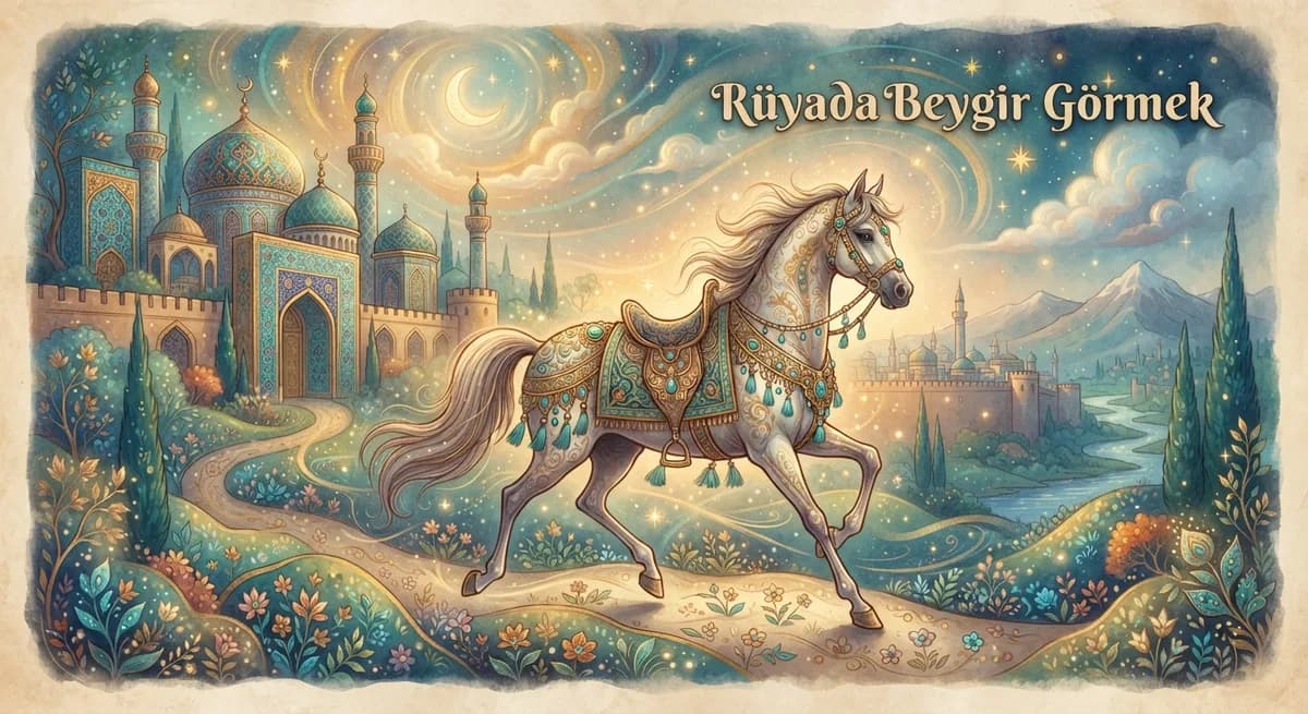 Rüyada Beygir Görmek — Osmanlı minyatürü tarzında altın ve turkuaz tonlu mistik illüstrasyon