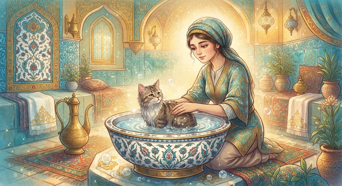 Rüyada Lavaboda Kedi Yıkamak — Osmanlı minyatürü tarzında altın ve turkuaz tonlu mistik illüstrasyon