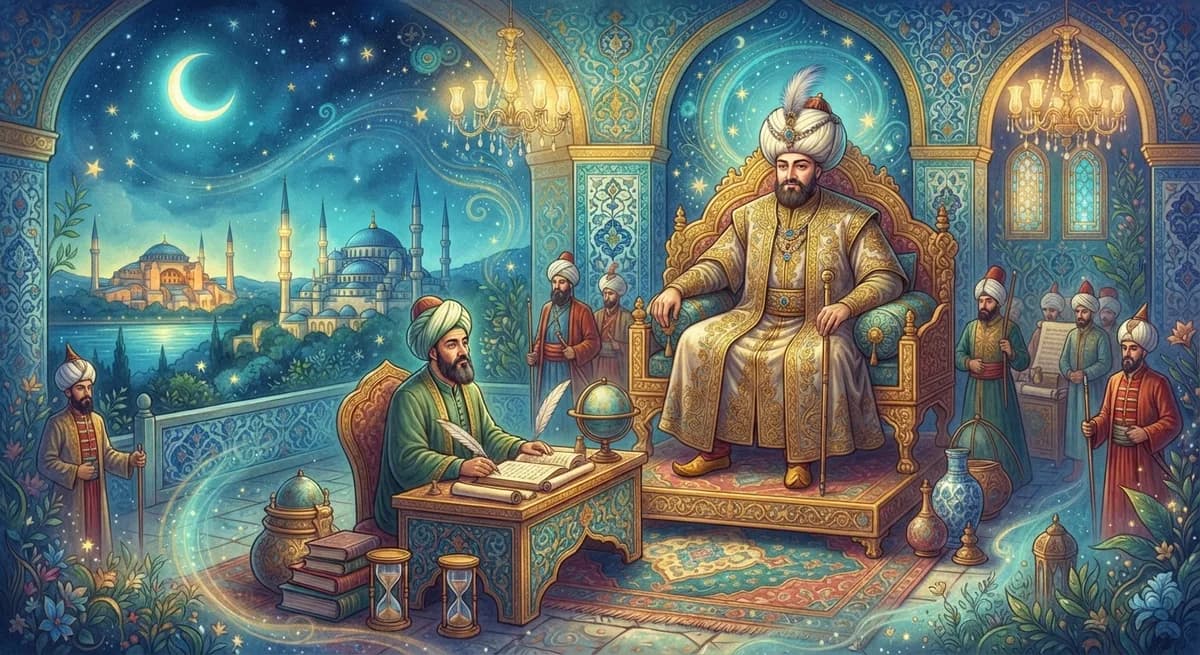 Rüyada Padişah, Hakim Görmek — Osmanlı minyatürü tarzında altın ve turkuaz tonlu mistik illüstrasyon