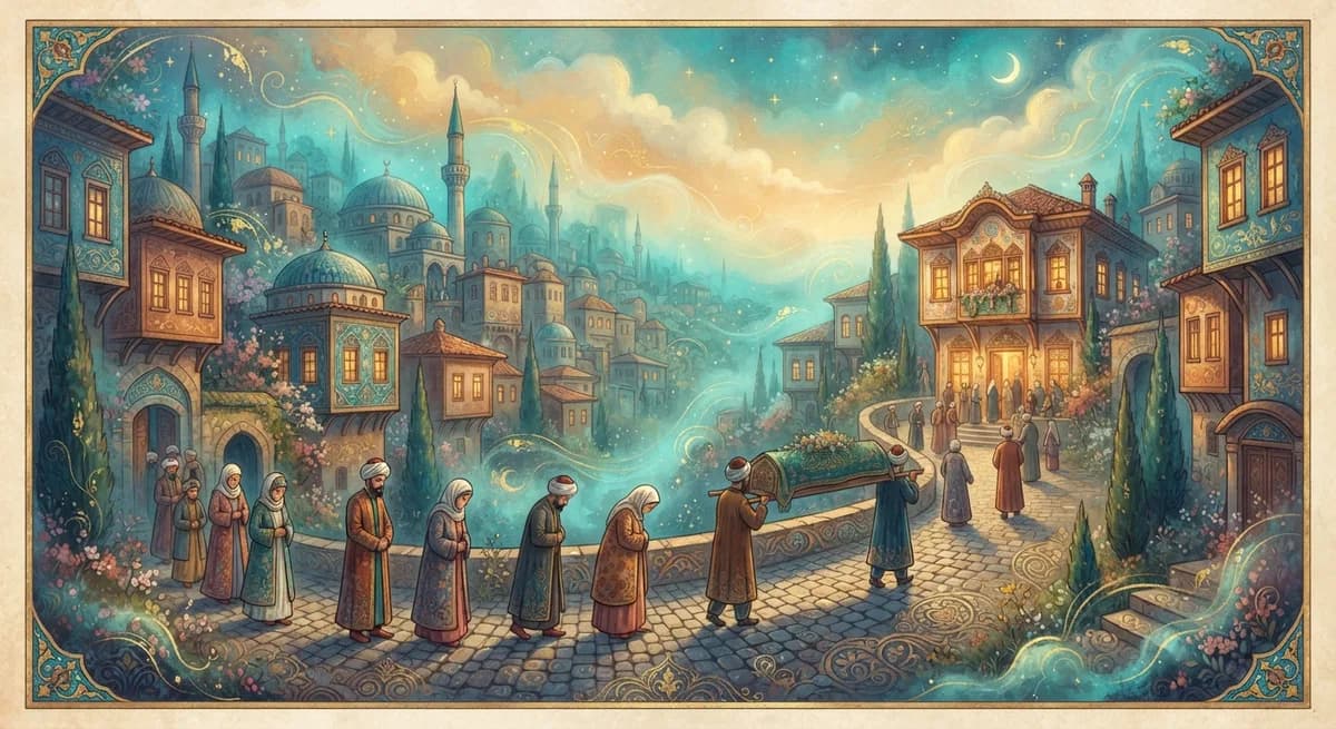 Rüyada Cenaze Evine Gitmek — Osmanlı minyatürü tarzında altın ve turkuaz tonlu mistik illüstrasyon
