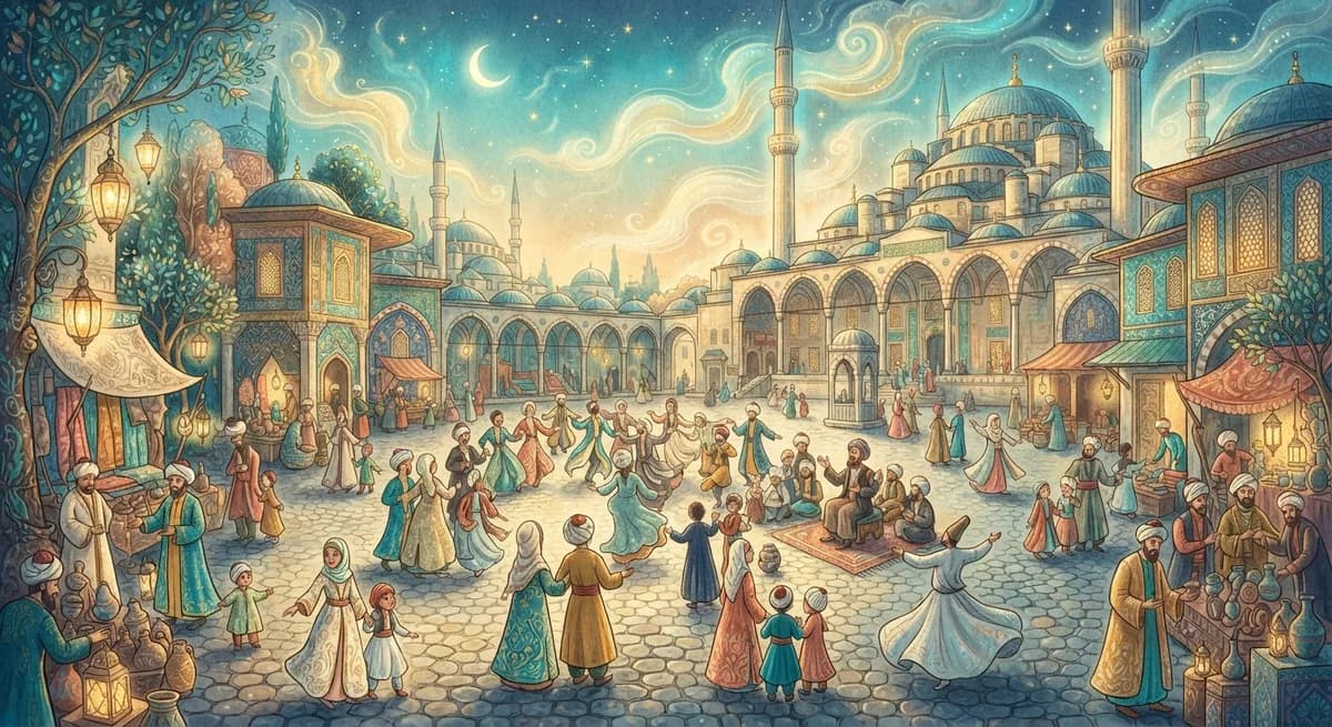 Rüyada Halk, İnsanlar Görmek — Osmanlı minyatürü tarzında altın ve turkuaz tonlu mistik illüstrasyon