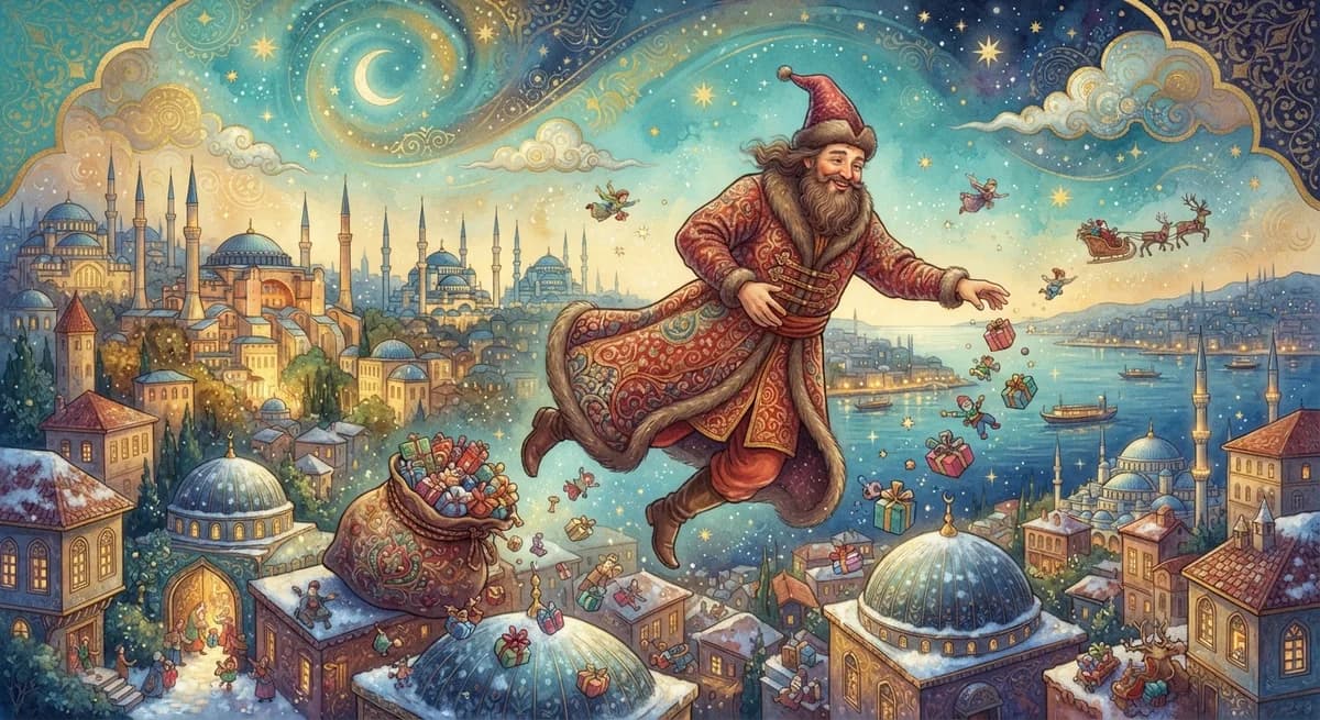 Rüyada Noel Baba Olmak — Osmanlı minyatürü tarzında altın ve turkuaz tonlu mistik illüstrasyon