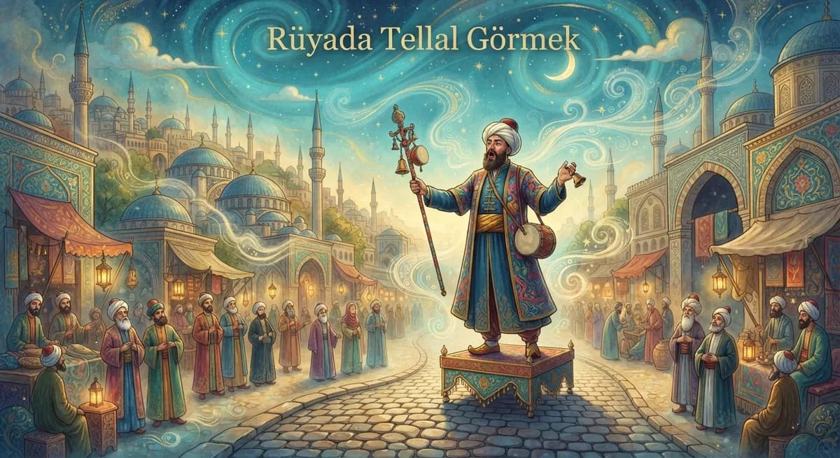 Rüyada Tellal Görmek — Osmanlı minyatürü tarzında altın ve turkuaz tonlu mistik illüstrasyon