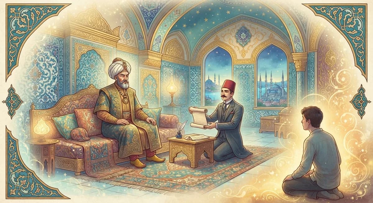 Rüyada Müdür ve Genel Müdür Görmek — Osmanlı minyatürü tarzında altın ve turkuaz tonlu mistik illüstrasyon