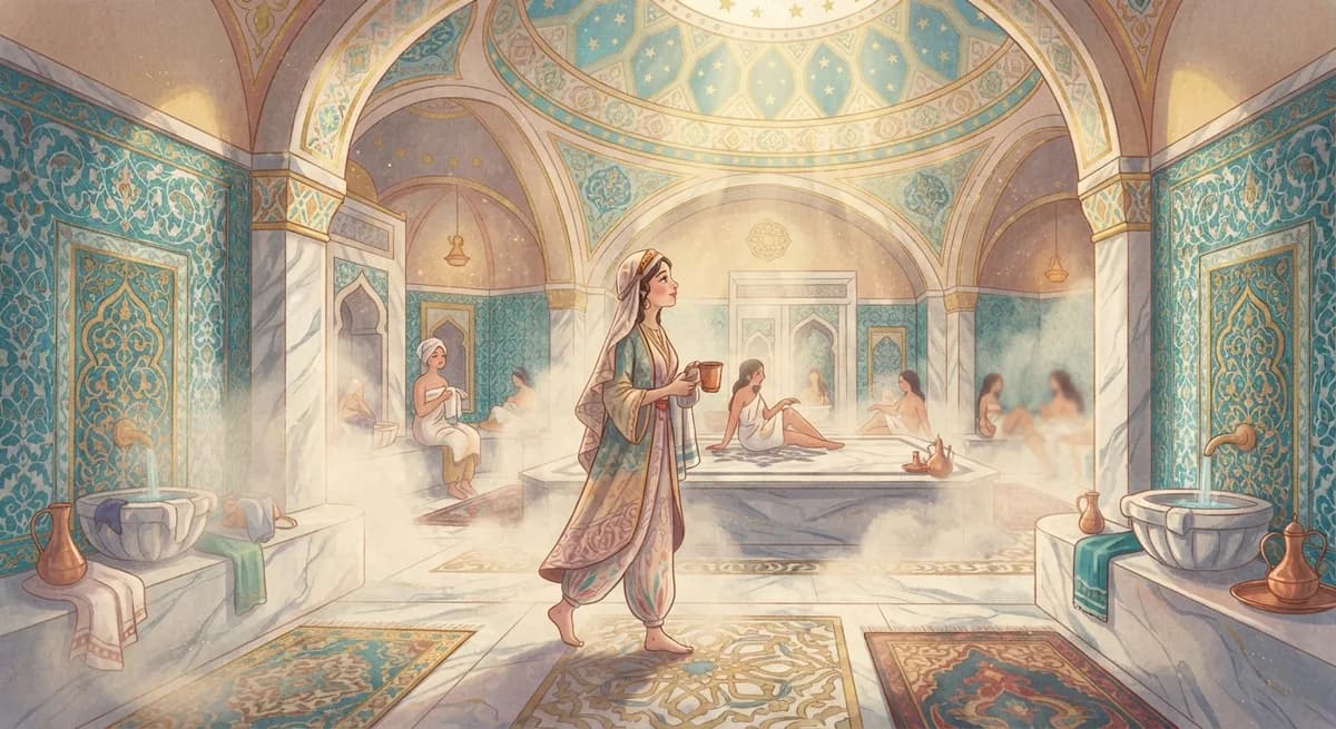 Rüyada Hamam Görmek — Osmanlı minyatürü tarzında altın ve turkuaz tonlu mistik illüstrasyon