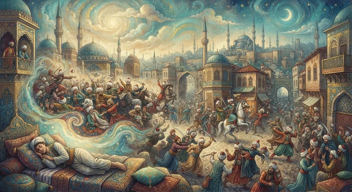 Rüyada Kargaşa, Fitne Görmek — Osmanlı minyatürü tarzında altın ve turkuaz tonlu mistik illüstrasyon