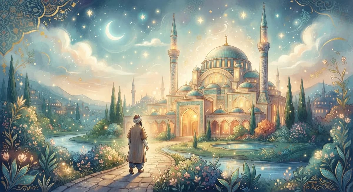 Rüyada Mescit, Cami Görmek — Osmanlı minyatürü tarzında altın ve turkuaz tonlu mistik illüstrasyon