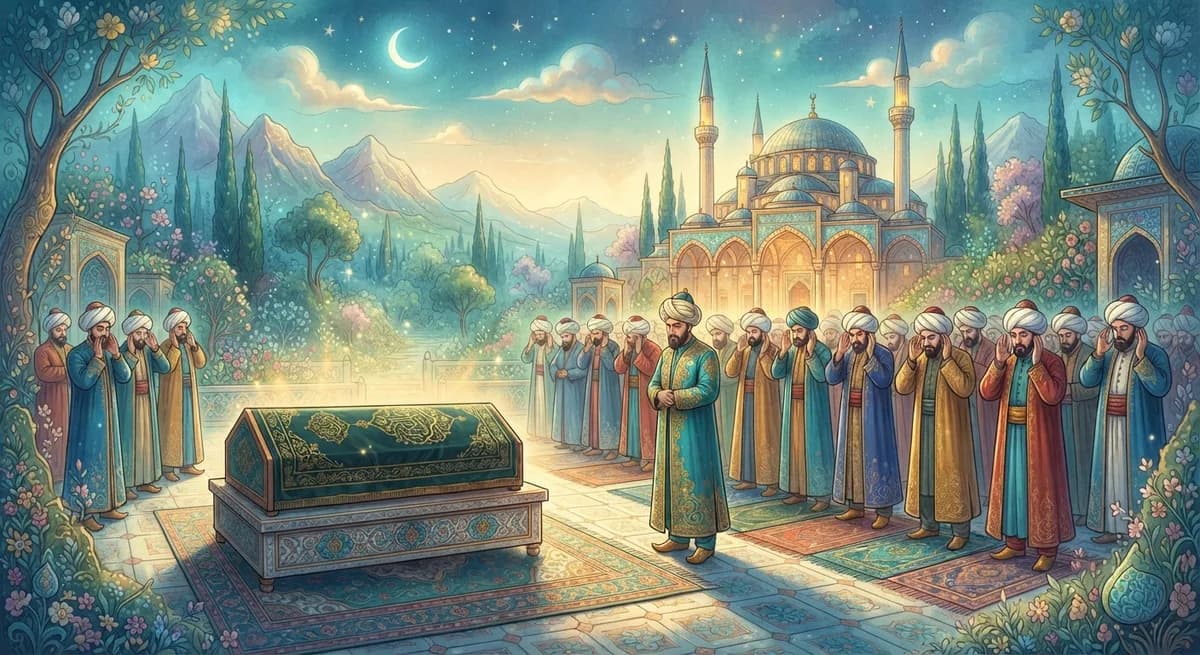 Rüyada Cenaze Namazı Kılmak — Osmanlı minyatürü tarzında altın ve turkuaz tonlu mistik illüstrasyon