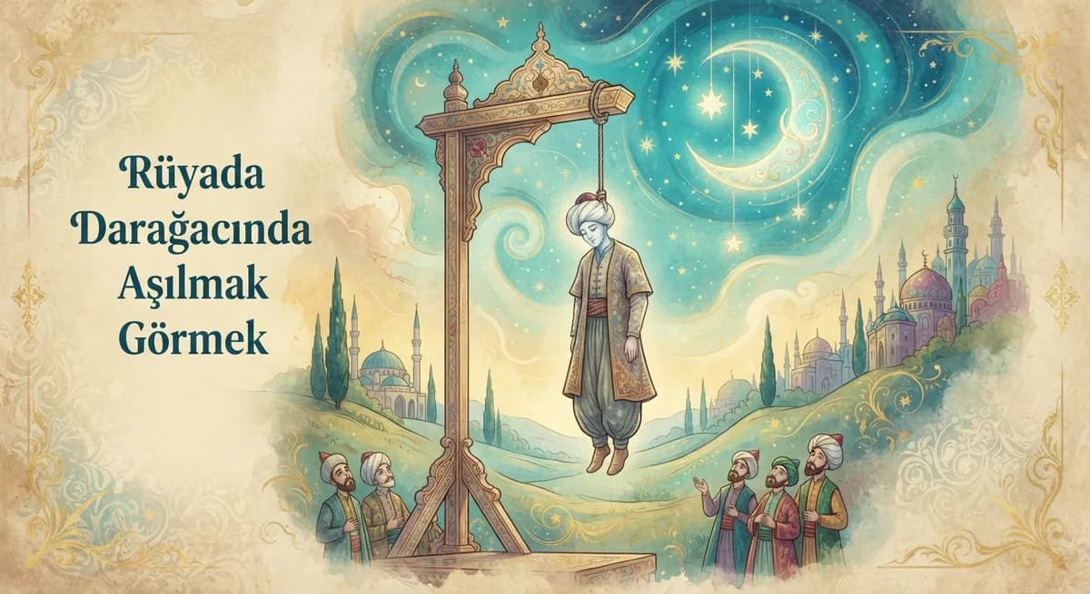 Rüyada Darağacında Asılmak Görmek — Osmanlı minyatürü tarzında altın ve turkuaz tonlu mistik illüstrasyon