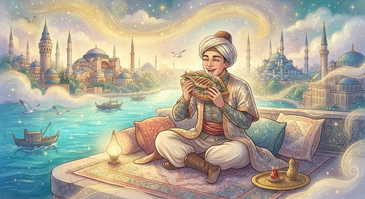 Rüyada Balık Ekmek Yemek — Osmanlı minyatürü tarzında altın ve turkuaz tonlu mistik illüstrasyon