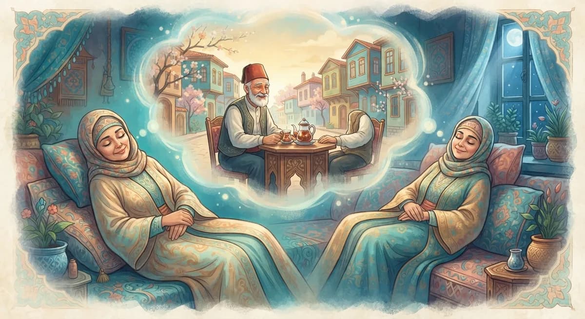 Rüyada Eski Bir Komşuyu Görmek — Osmanlı minyatürü tarzında altın ve turkuaz tonlu mistik illüstrasyon