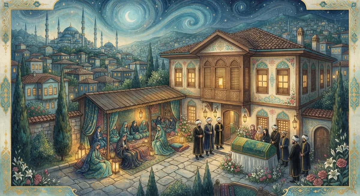Rüyada Cenaze Evi Görmek — Osmanlı minyatürü tarzında altın ve turkuaz tonlu mistik illüstrasyon
