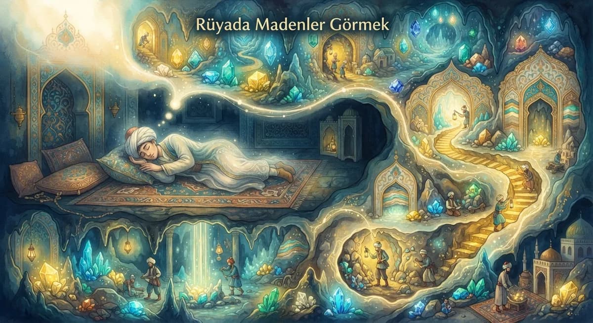 Rüyada Madenler Görmek — Osmanlı minyatürü tarzında altın ve turkuaz tonlu mistik illüstrasyon
