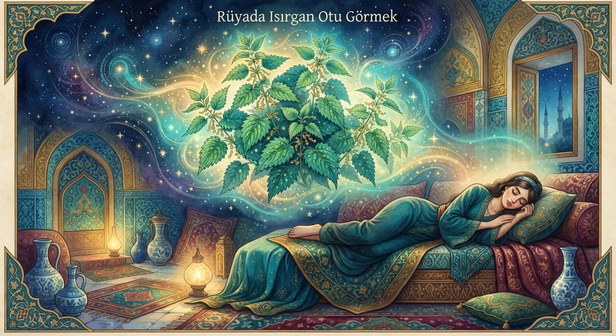 Rüyada Isırgan Otu Görmek — Osmanlı minyatürü tarzında altın ve turkuaz tonlu mistik illüstrasyon