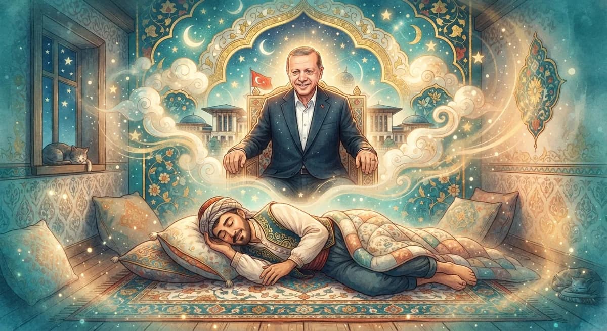 Rüyada Cumhurbaşkanını Görmek — Osmanlı minyatürü tarzında altın ve turkuaz tonlu mistik illüstrasyon