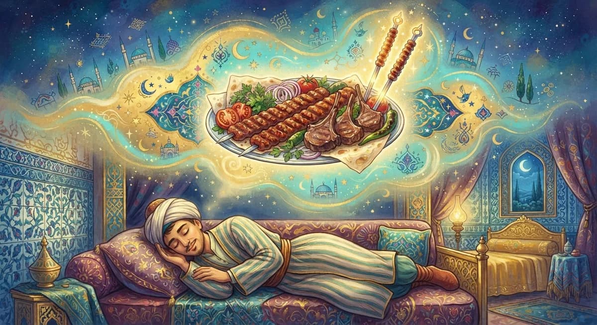 Rüyada Kebap Görmek — Osmanlı minyatürü tarzında altın ve turkuaz tonlu mistik illüstrasyon