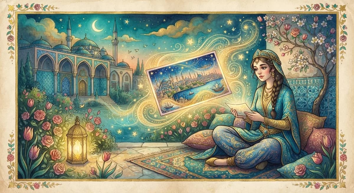 Rüyada Kartpostal Görmek — Osmanlı minyatürü tarzında altın ve turkuaz tonlu mistik illüstrasyon