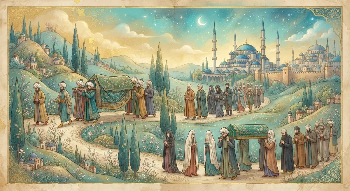 Rüyada Cenaze Merasimi Görmek — Osmanlı minyatürü tarzında altın ve turkuaz tonlu mistik illüstrasyon